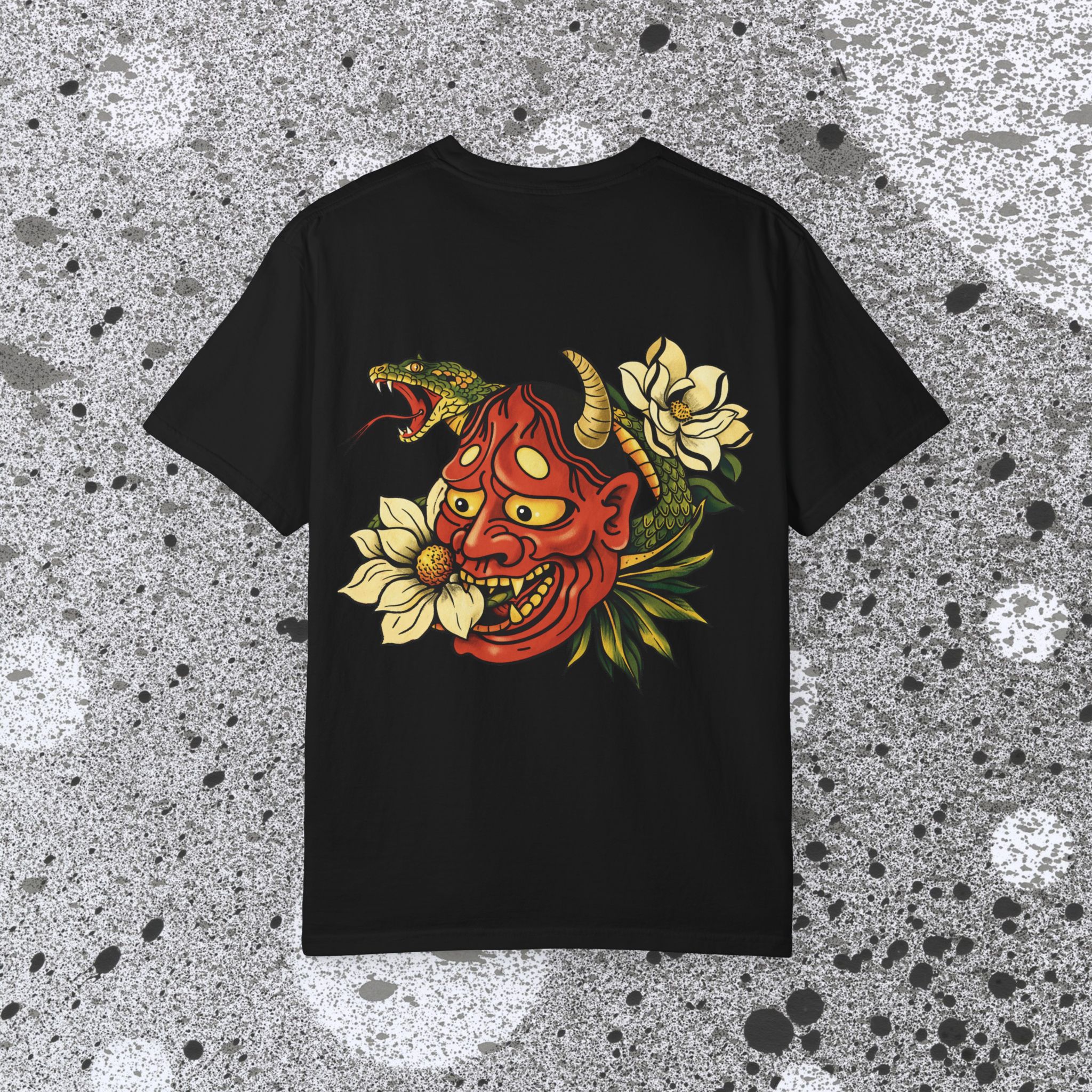 1116148600632057315_2048_custom.jpeg Hannya Mask with Snake and Magnolia T-shirt | Japanese Oni Tattoo Style - Image 19
