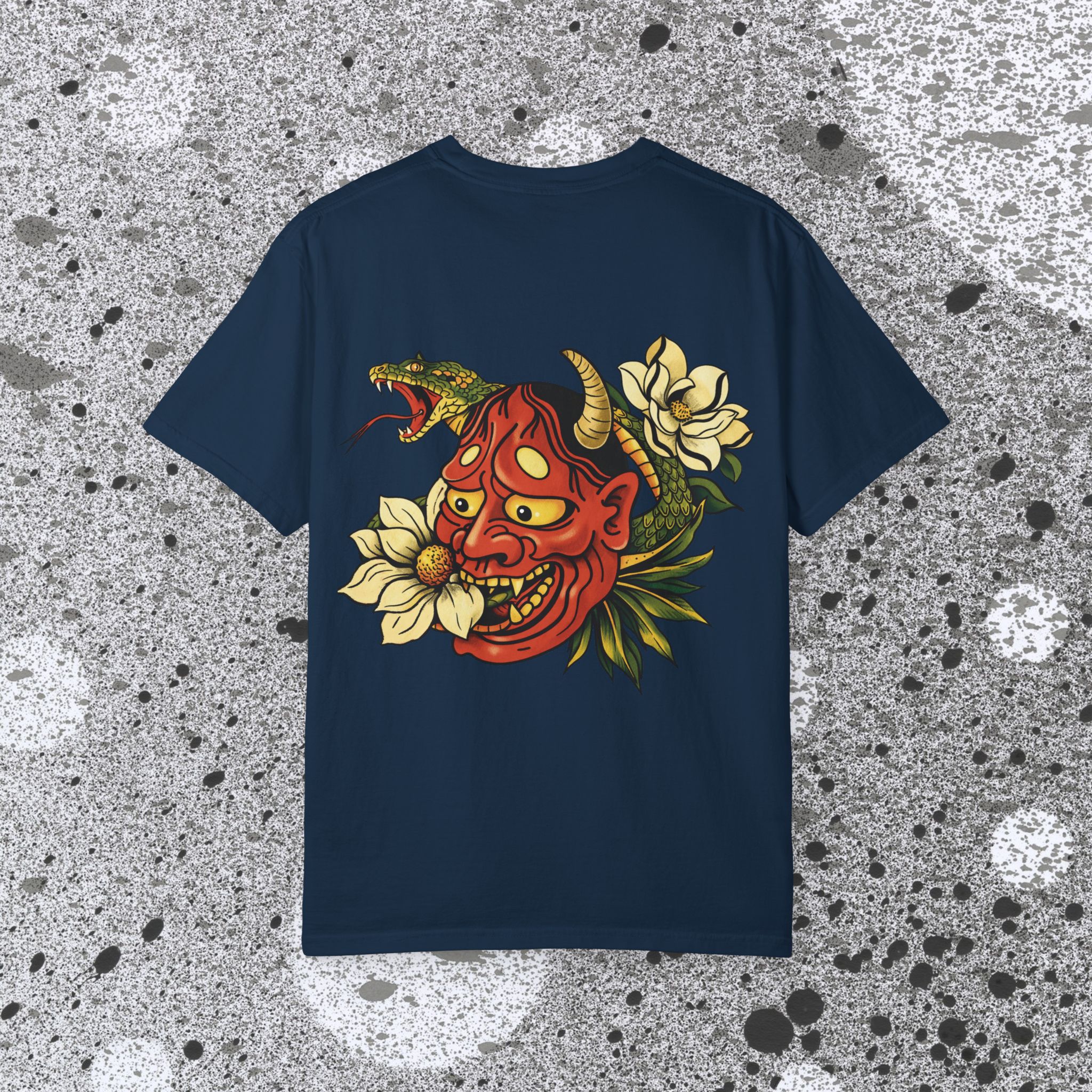11210658727149444771_2048_custom.jpeg Hannya Mask with Snake and Magnolia T-shirt | Japanese Oni Tattoo Style - Image 14