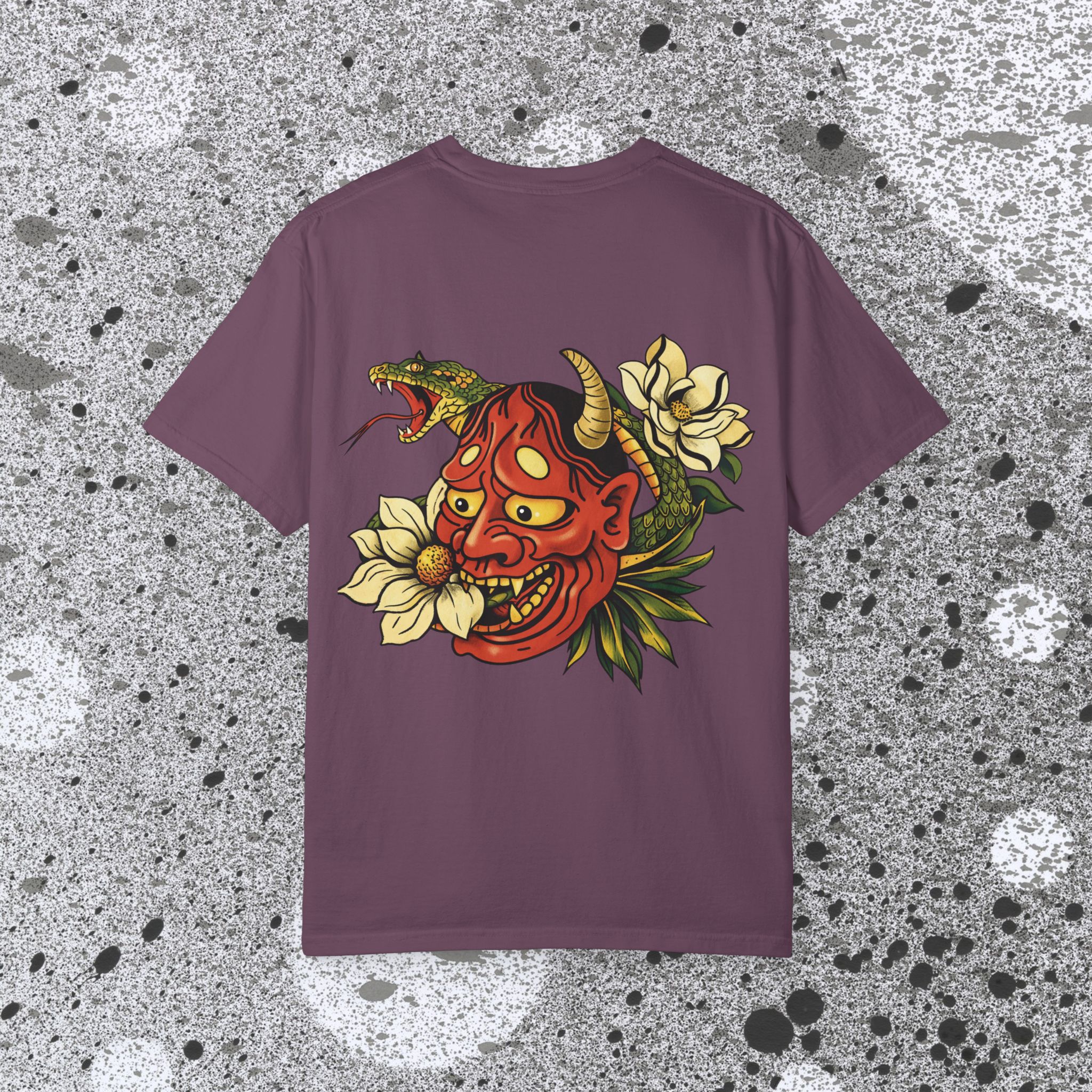 12264442560520504815_2048_custom.jpeg Hannya Mask with Snake and Magnolia T-shirt | Japanese Oni Tattoo Style - Image 3