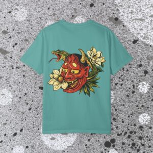 Hannya Mask with Snake and Magnolia T-shirt | Japanese Oni Tattoo Style