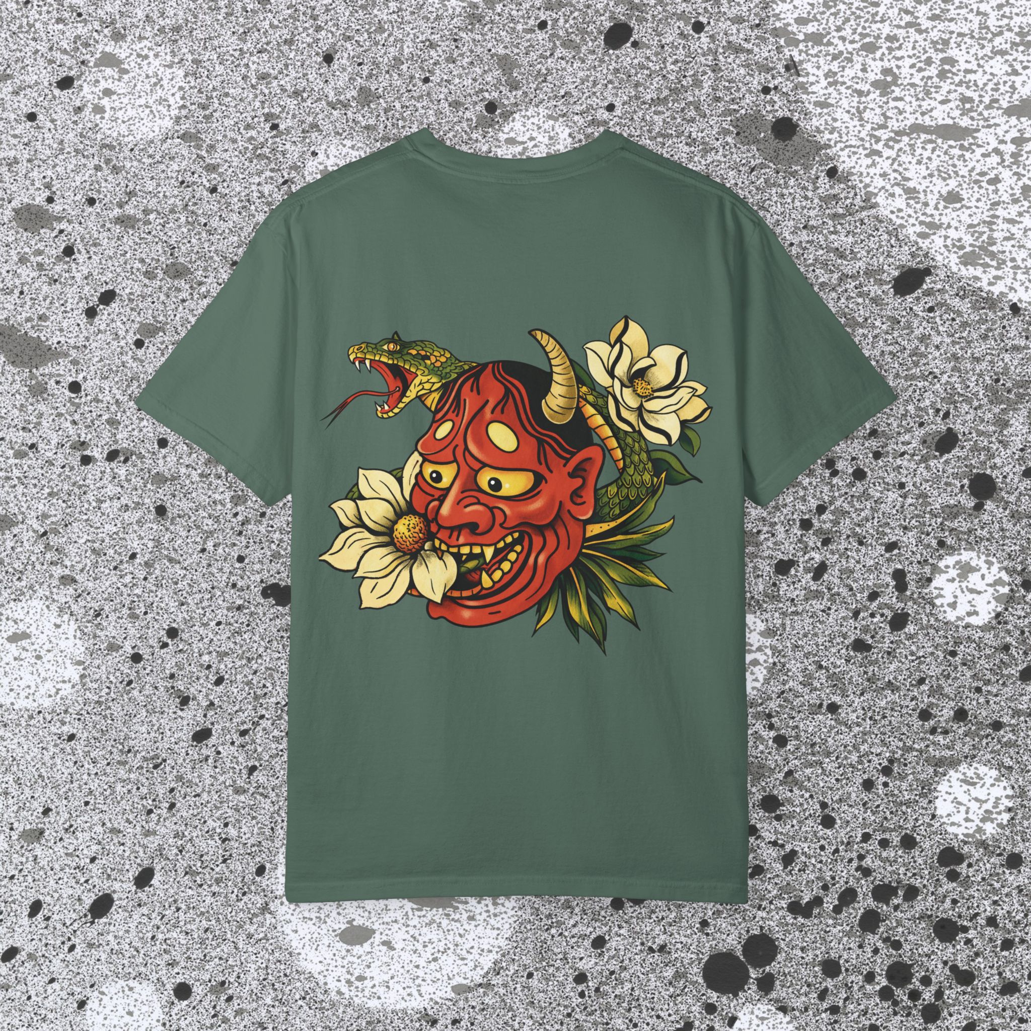 16531477198497813570_2048_custom.jpeg Hannya Mask with Snake and Magnolia T-shirt | Japanese Oni Tattoo Style - Image 6