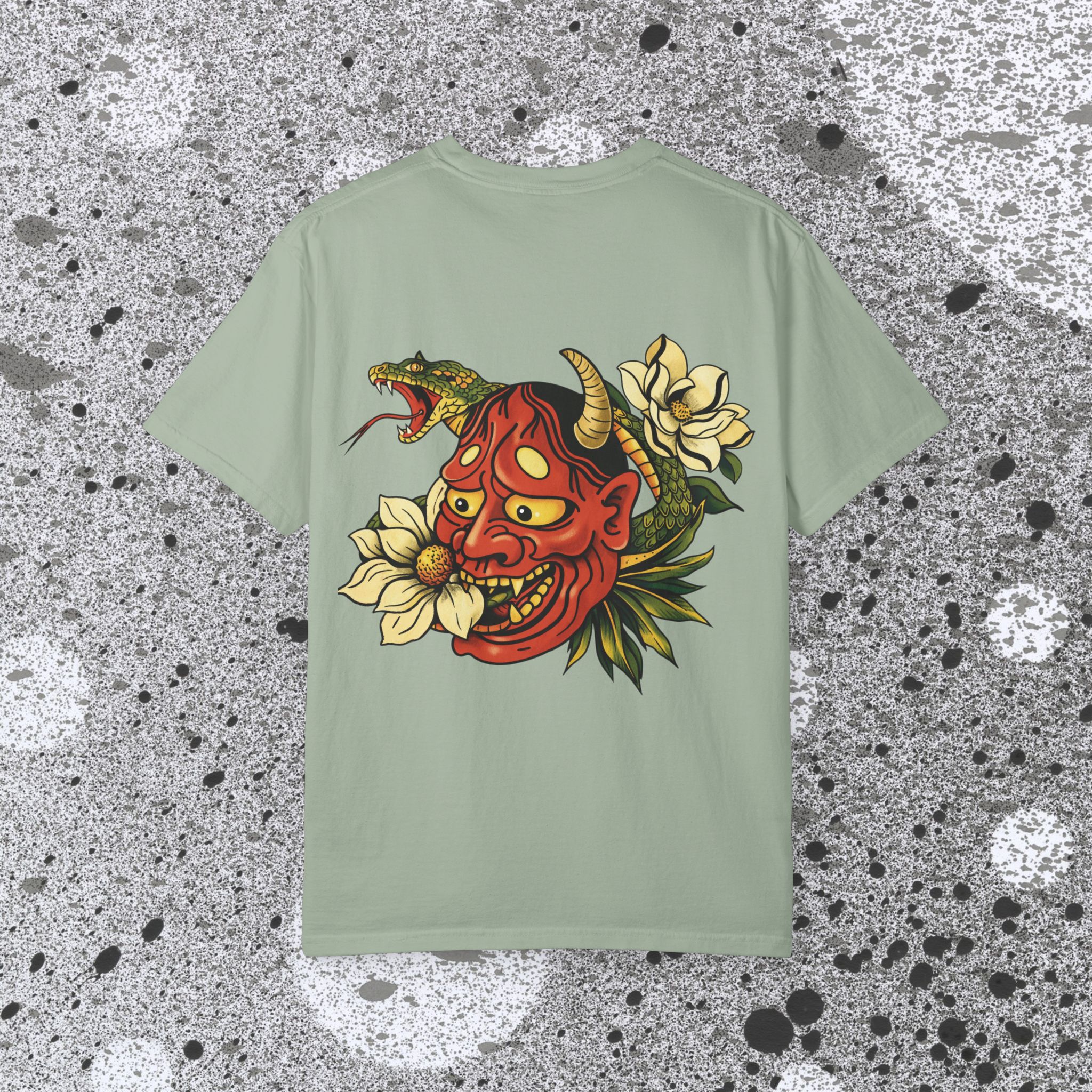 8565717036384086717_2048_custom.jpeg Hannya Mask with Snake and Magnolia T-shirt | Japanese Oni Tattoo Style - Image 7